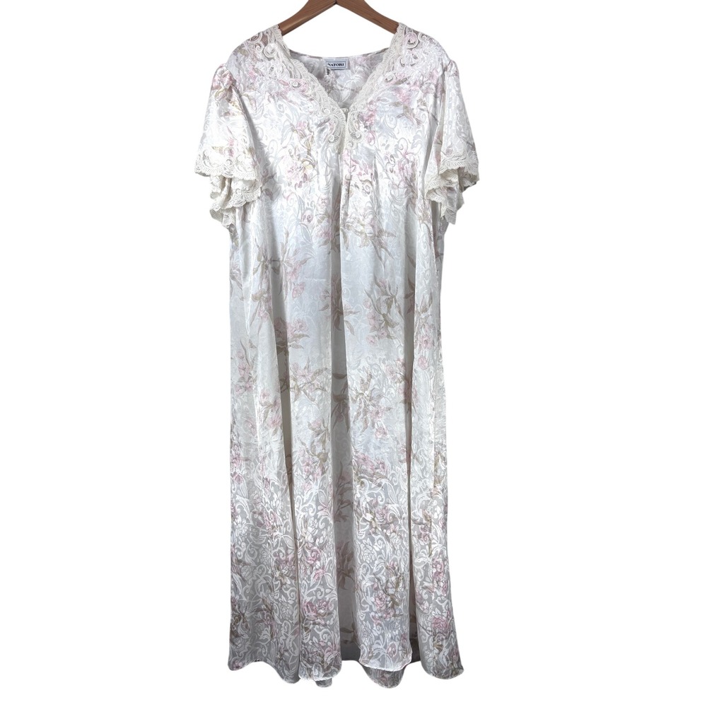 Vintage Natori Neiman Marcus Pink Cream Floral Satin Lace Caftan Nightgown XL